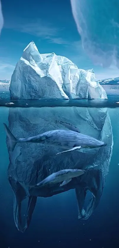 Majestic iceberg with whales swimming beneath in a tranquil ocean scene.