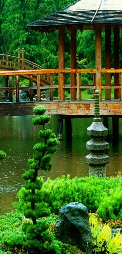 Tranquil Japanese garden with bridge and greenery.