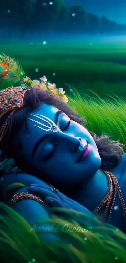 Serene image of Krishna resting in lush green fields with a mystical blue sky.