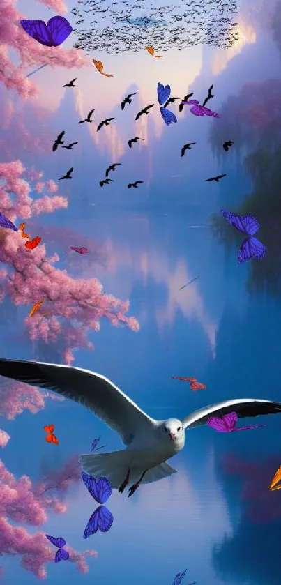 Seagull flying over a serene lake with pink blossoms.