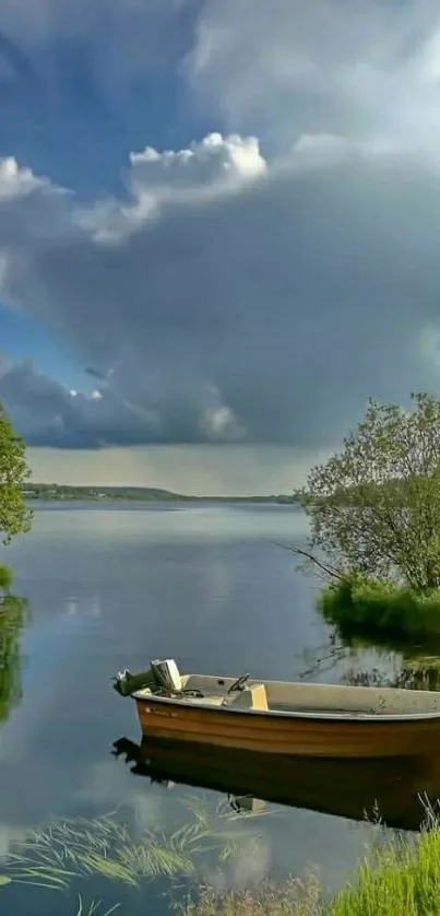 Serene lake with boat and clouds reflecting over the water.