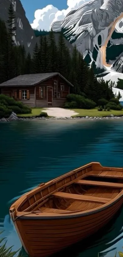 Serene lake view with a wooden boat and cabin amidst mountains.