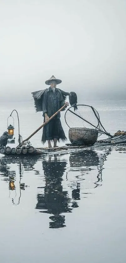 Calm fisherman on misty lake with reflection in gray tones.