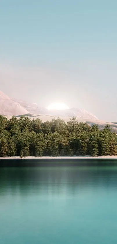 Serene lake at sunrise with mountains and trees reflecting on tranquil waters.