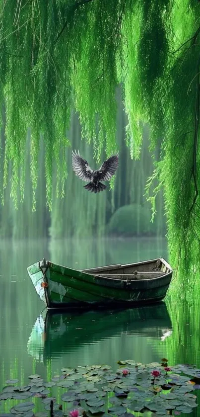 Serene lake wallpaper with a boat and lush greenery reflecting in the water.