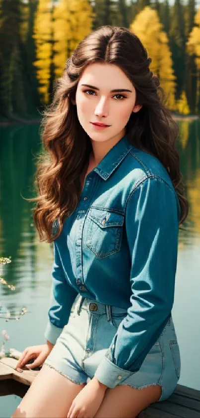 Woman in denim by a serene autumn lakeside.