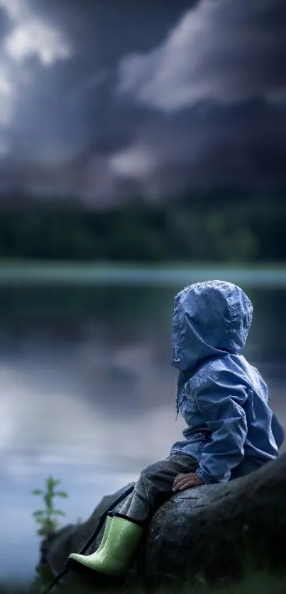 Child in raincoat sitting by a lake under stormy skies.