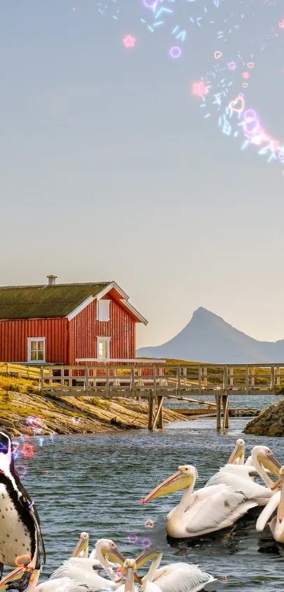 Lakeside scene with red cabin, swans, and a penguin under decorated sky.