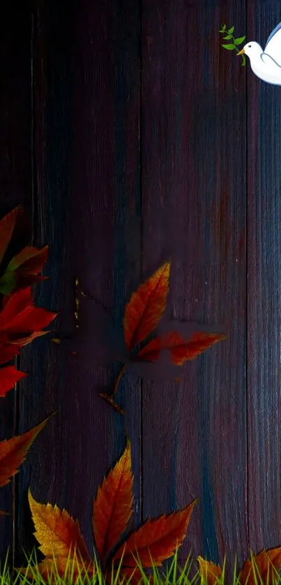 Mobile wallpaper with leaves and dove on dark wood.