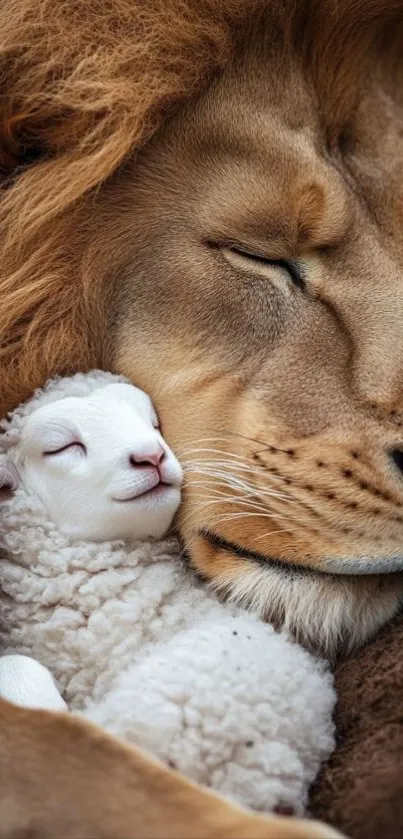 Lion and lamb peacefully resting together.