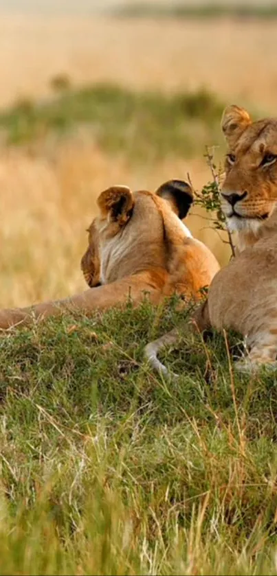 Two lions rest calmly in the golden savannah.