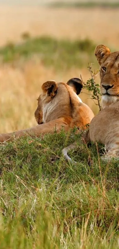 Two lions resting peacefully in the green savannah landscape.