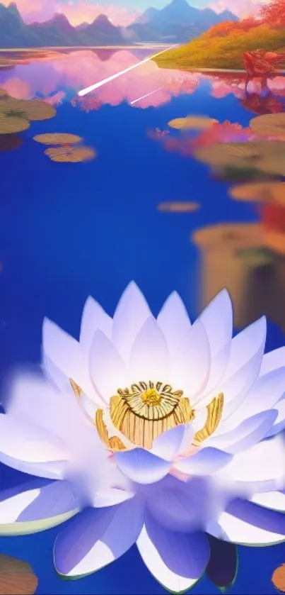 Beautiful lotus on a tranquil blue lake with vibrant reflections.