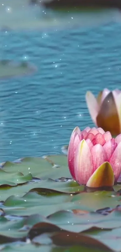 Serene lotus pond with pink blossoms and blue water background.