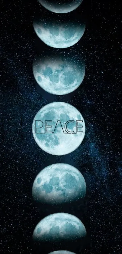 Moon phases with 'Peace' text on starry night background.