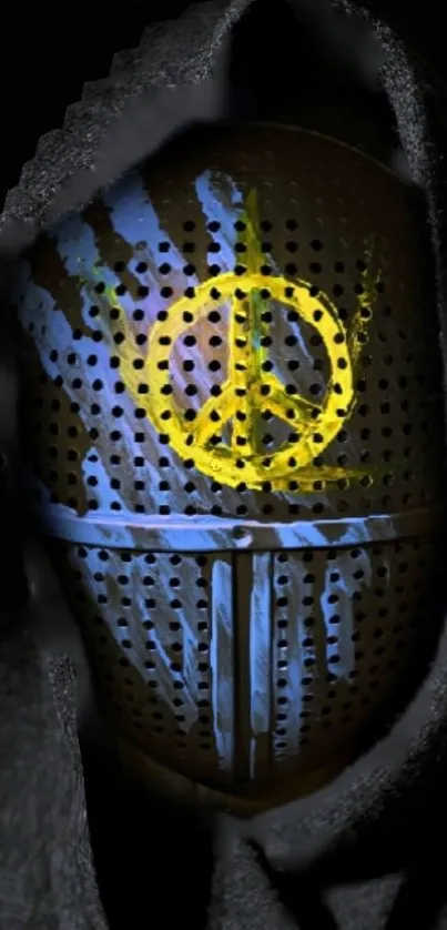 Perforated mask with peace symbol on dark background.