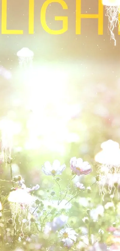 Sunlit meadow with pastel flowers enhancing a serene theme.