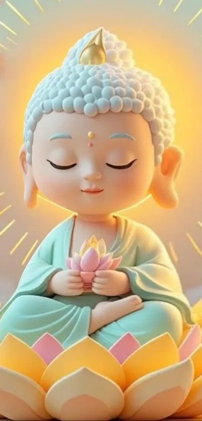 Cute meditating Buddha on lotus flower