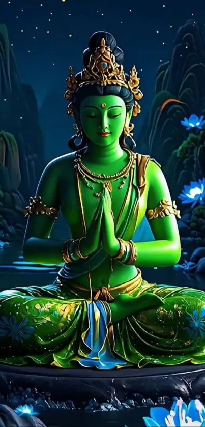 Green figure meditating in a lush nature setting with vibrant colors.