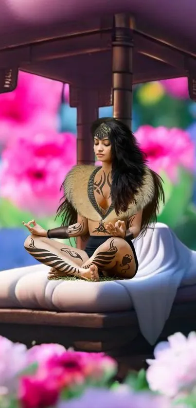 Fantasy scene of tattooed woman meditating in floral nature setting.