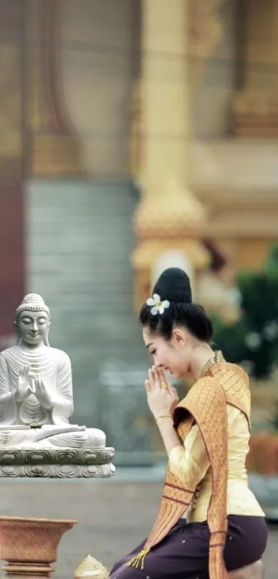 Woman in traditional attire praying before a Buddha statue in a temple setting.