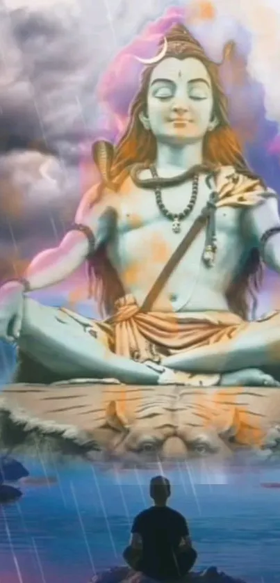 Shiva meditating under a cloudy mystical sky on mobile wallpaper.