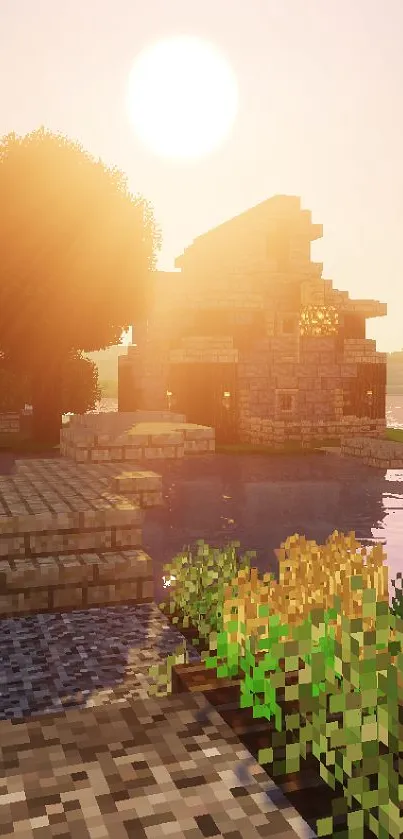 Minecraft lakeside sunset with blocky house and trees.