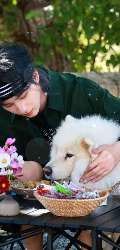 Person and fluffy dog enjoying an outdoor picnic.