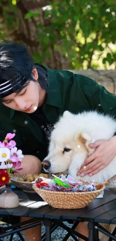 Person with a fluffy white dog enjoying a peaceful outdoor setting and table setting.