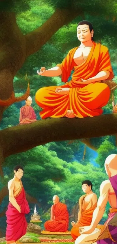 Monks meditating on tree branches in a vibrant forest setting.