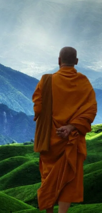 Monk meditating on lush green mountains.