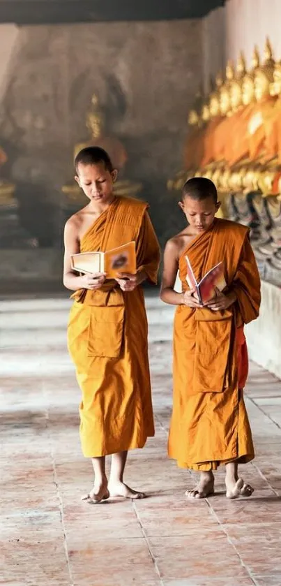 Two monks in orange robes reading in a temple.