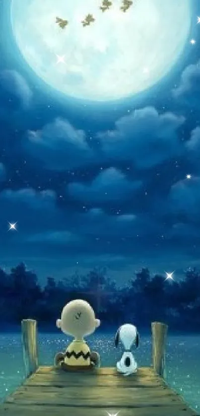 Mobile wallpaper of characters on a dock under a moonlit night sky.