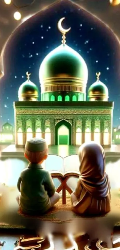 Two children reading near a glowing mosque.