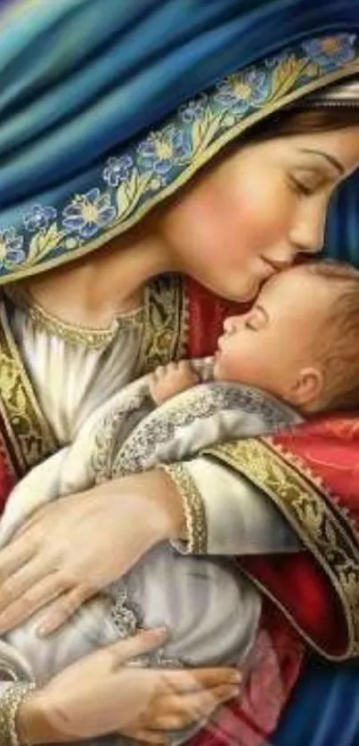 A serene artwork of mother kissing child, with vibrant colors and warmth.