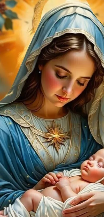 Artistic rendering of a serene mother holding her child in golden and blue tones.