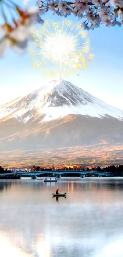 Scenic view of Mount Fuji with cherry blossoms and a blue sky reflected in the lake.