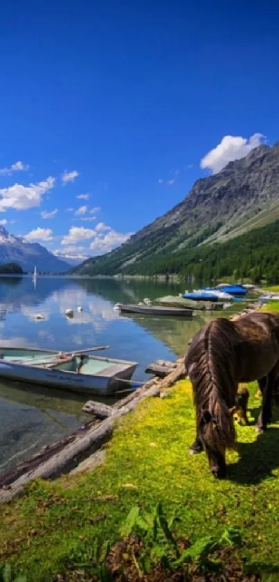 Tranquil mountain lake with boats, a horse, and lush greenery under clear blue skies.