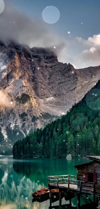 Serene mountain lake with cabin and twilight sky.