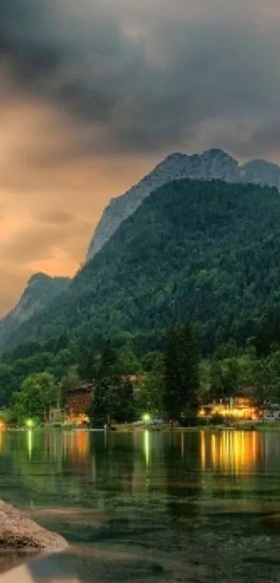 Serene mountain lake scene with lush forest and tranquil sky.