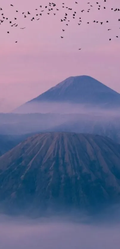 Serene mountain landscape with pink hues under a flock of birds.