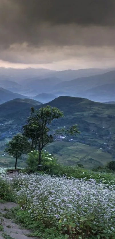 Serene mountain landscape with clouds and greenery.