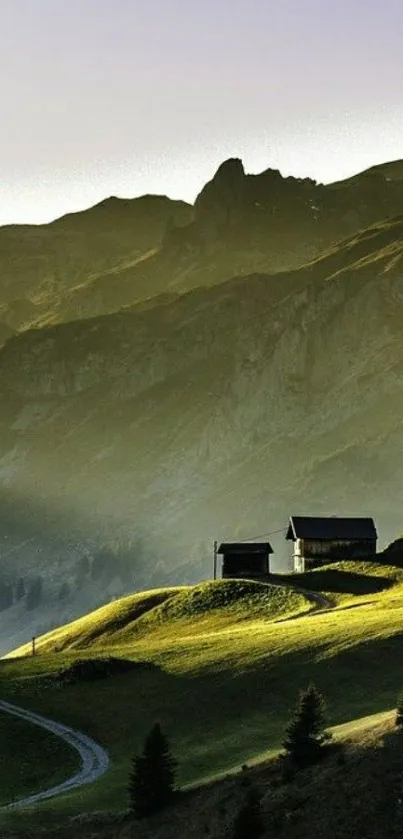 Tranquil mountain landscape at sunrise with green hills and dramatic peaks.