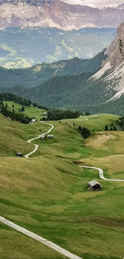 Tranquil mountain landscape with paths and greenery.