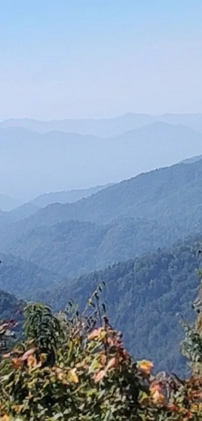 Tranquil mountain landscape with lush hills and blue sky.