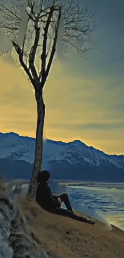 Peaceful scene with a lone figure by a tree at sunset, overlooking mountains and a lake.