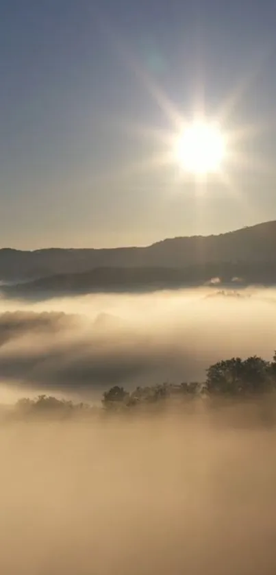 Sunrise over misty mountains with soft light and serene sky.