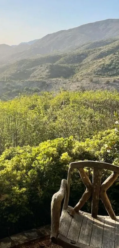 Serene mountain landscape with rustic chair.