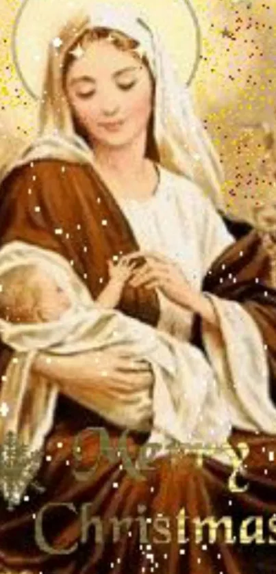 Nativity scene wallpaper with Mary holding infant Jesus.