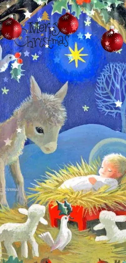 Nativity scene with baby in manger, surrounded by animals.